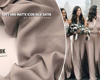 NEW Sand soft silk satin for dresses,"Icon" premium pale brown silk material for sewing, pale brown silk satin fabric by the yard