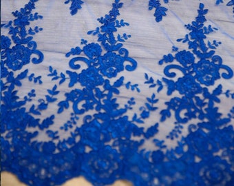 Royal Blue floral lace fabric by the yard, cord bright blue lace for evening dresses and decor, lace by the yard "Flore"