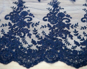 Navy floral lace fabric by the yard, cord dark blue lace for evening dresses and decor, lace by the yard "Flore"