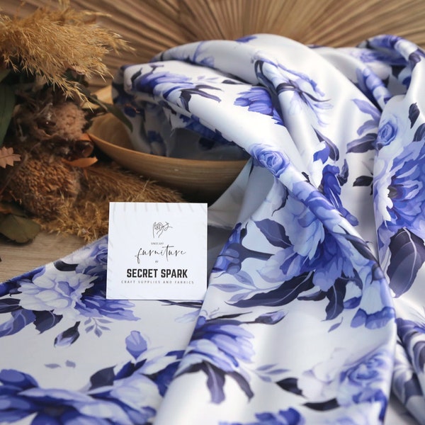 Blue Floral Amour Satin Fabric By the Yard Pre Order