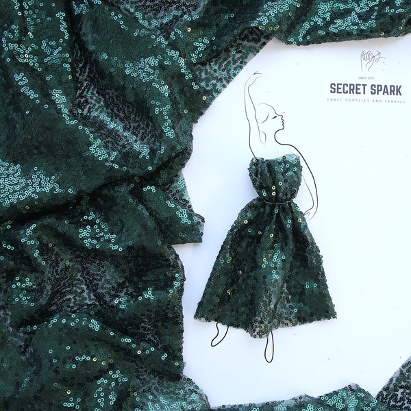 Premium Emerald Sequin Fabric by the yard, Dark Green Sequinned Fabric, DIY Green Sequins Fabric for Tablecloth & Dressmaking | "Spark"