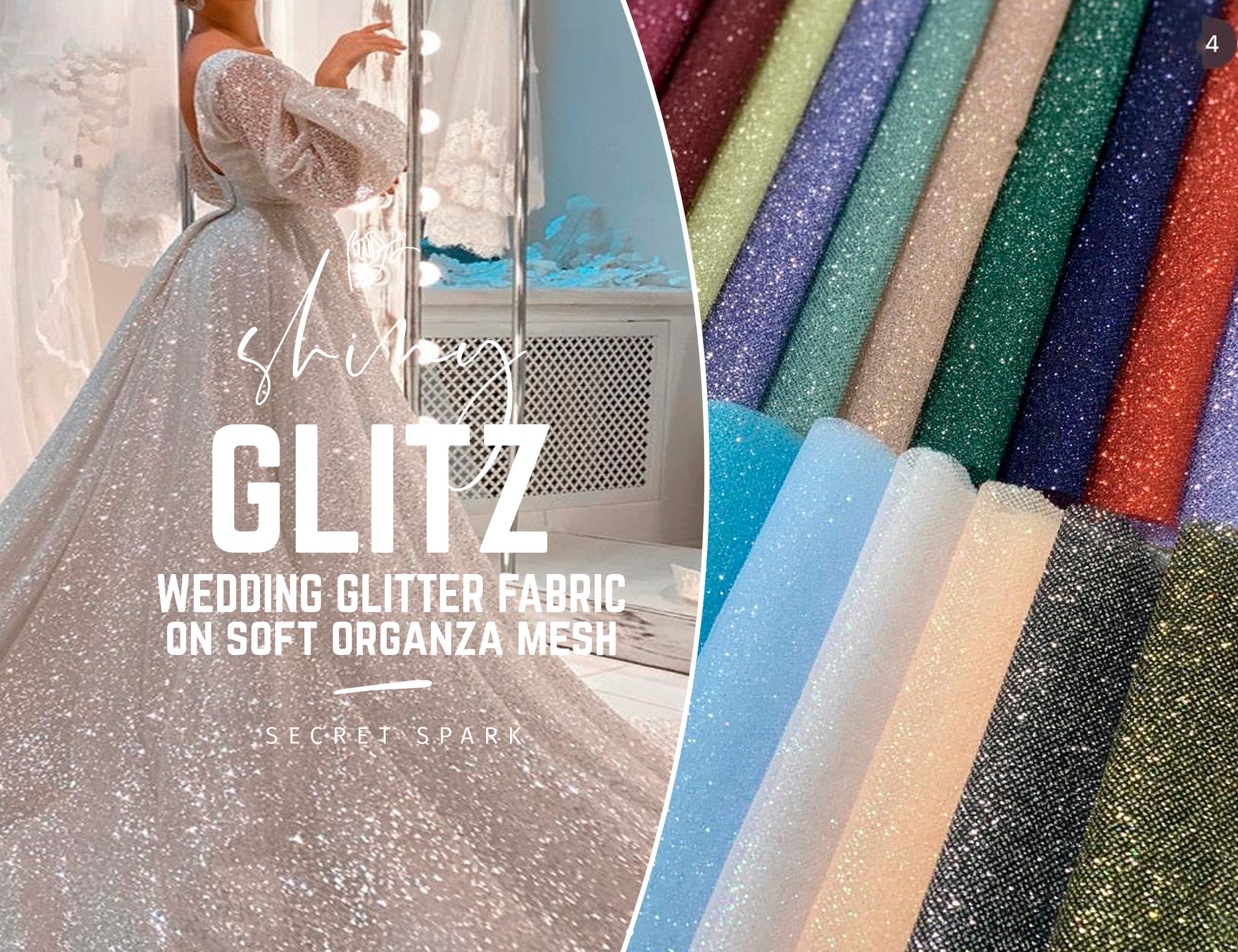 Iridescent Glitter Printed Soft Cream Tulle Fabric