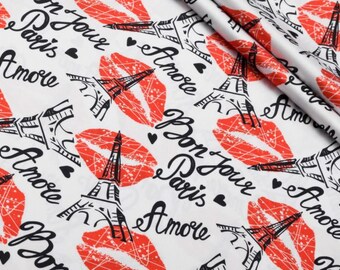 NEW Red kisses on white background printed matte and soft silk satin "Icon" with black lettering on fabric Paris Amore,  #097740913