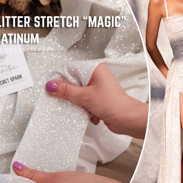 NEW! Platinum on ivory mesh stretch glitter  "Magic", sparkle mesh with stretch, elastic bridal glitter fabric for dresses | Magic glitter