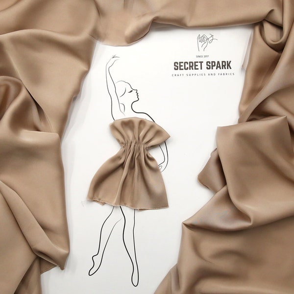 Taupe color silk satin fabric by the yard, Matte soft brorn silk for dressmaking, lining, etc, Secret Spark "Icon" taupe brown silk fabric