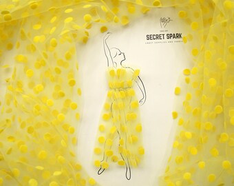 Yellow Flash flock "size M" polka dot tulle, dotted tulle fabric "Dots" by the yard, Yellow flocking dots tulle fabric, tulle with dots