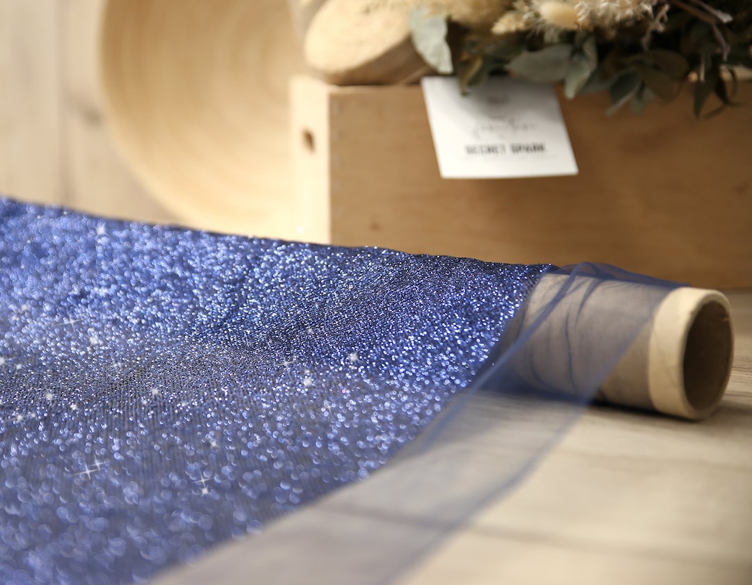 Navy Color Shimmer Glitter Fabric by the Yard, Stardust Glitter Tulle