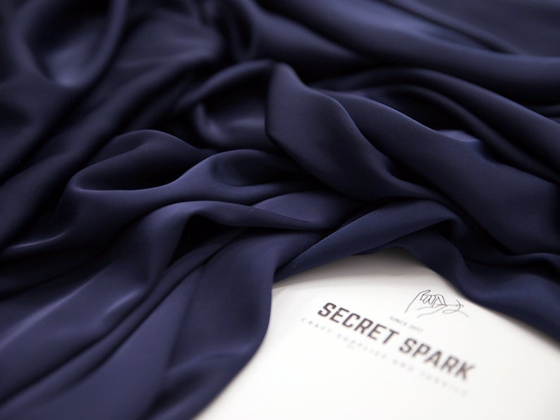 Navy silk satin fabric by the yard, navy Icon soft satin for dresses, premium navy blue silk material for sewing cut to size, navy 2 image 2
