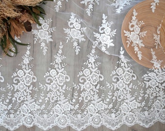 Ivory floral lace fabric by the yard, cord wedding lace for dresses and decor, bridal floral lace by the yard "Flore"