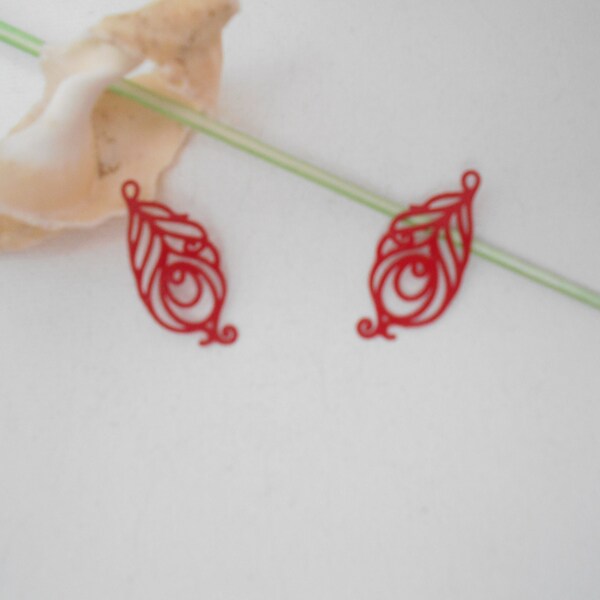 2 pendentifs estampes filigrane rouge 30x15 mm