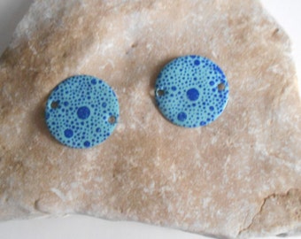 x2 round enamelled sequins 20 mm 2 holes connectors turquoise and navy blue 2 faces