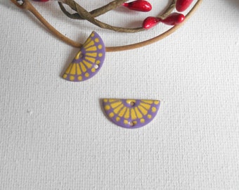 x2 sequins émaillés connecteur demi cercle jaune et violet 21x10 mm