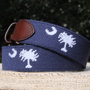 South Carolina Custom-Stitched Palmetto Tree Needlepoint Belt - Genuine Leather
