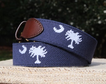 South Carolina Custom-Stitched Palmetto Tree Needlepoint Belt - Genuine Leather