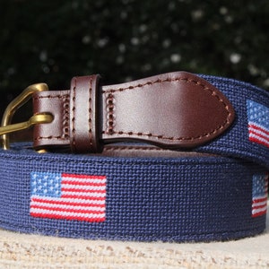 American Flag Needlepoint Belt with Genuine Leather - USA  - Magnolia Row