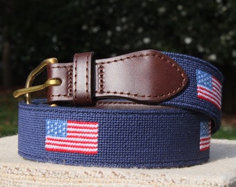 American Flag Needlepoint Belt with Genuine Leather - USA - Magnolia Row