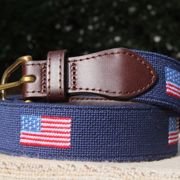 American Flag Needlepoint Belt with Genuine Leather - USA - Magnolia Row