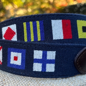 Nautical Flag Needlepoint Belt with Genuine Leather Boating / Sailing Magnolia Row image 1