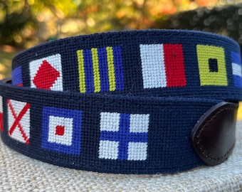 Nautical Flag Needlepoint Belt with Genuine Leather -Boating / Sailing - Magnolia Row