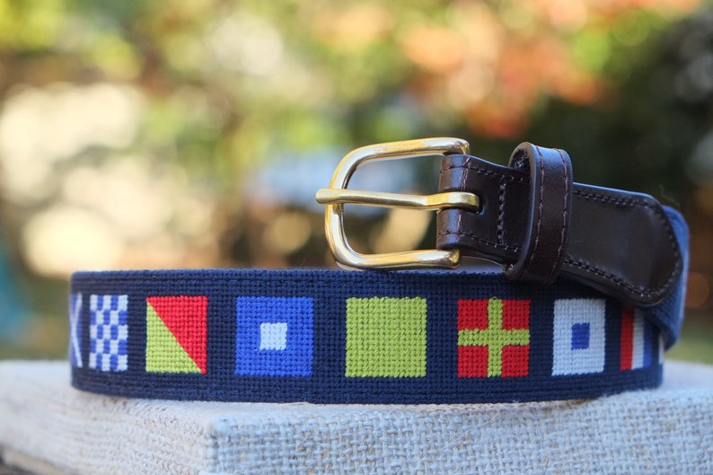 Nautical Flag Needlepoint Belt with Genuine Leather Boating / Sailing Magnolia Row image 2