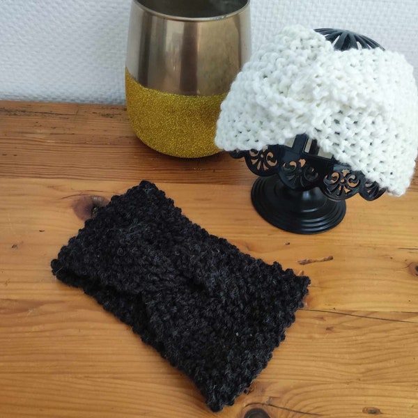 Headband en laine tricoté aux aiguilles, bandeau laine blanc ou gris antracite