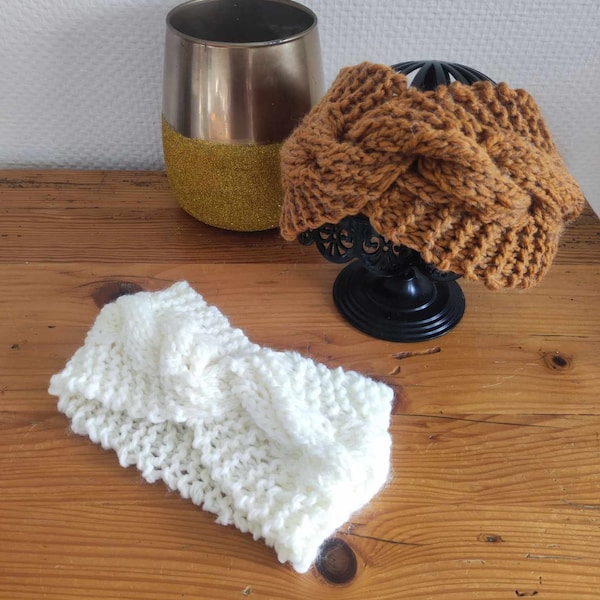 Headband en laine tricoté aux aiguilles, bandeau laine blanc ou moutarde à torsade