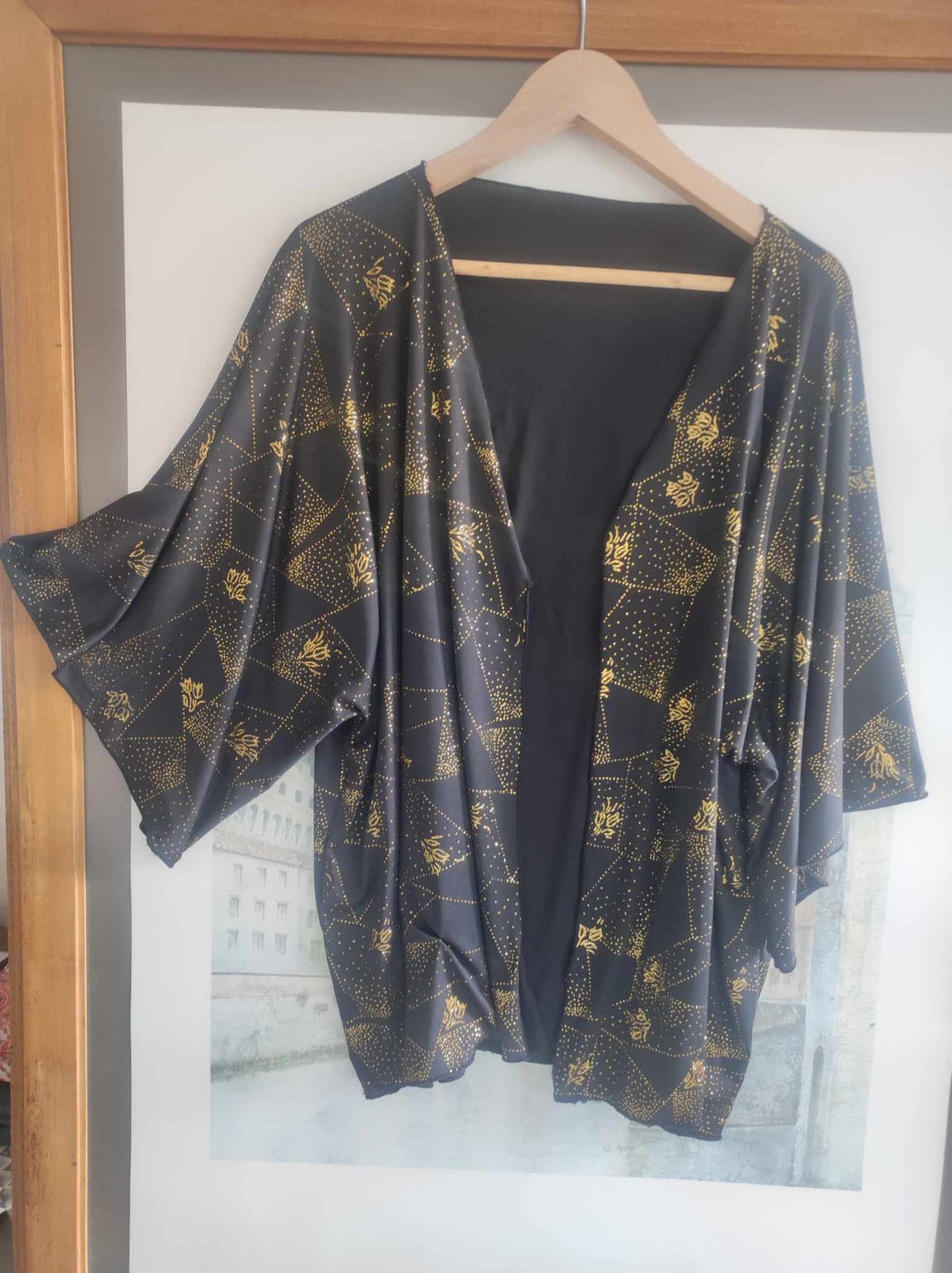 Black Lycra Kimono With Golden Pattern Light Jacket Etsy