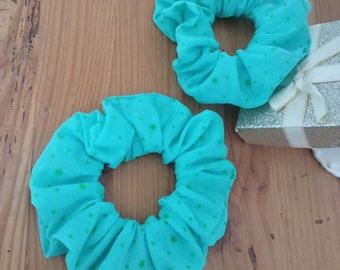 hair scrunchie, hair tie, turquoise scrunchy with green stars