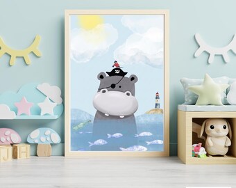 Hippo Pirate Nursery Wall Art, Kids Room Decor, Printable Digital Download