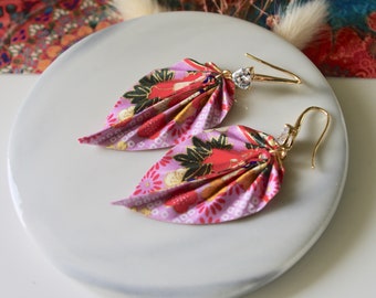 Earrings Origami Jewelry Floral Pink Leaves with Zircon Pearls and Gold Plated