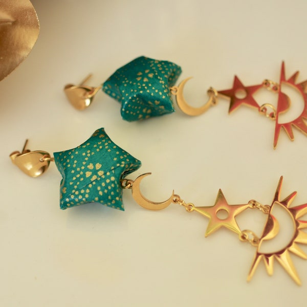 Boucles étoiles origami avec breloque etoile - lune - soleil - acier inoxydable