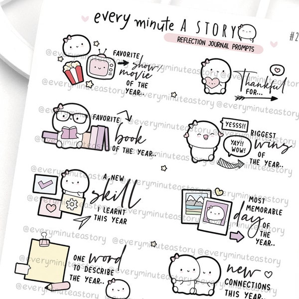 Yearly reflection journal prompts planner stickers, hobonichi, happy planner, bullet journal, scrapbooking