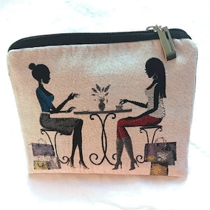 Soft zipped pouch in &quot;Les parisiennes&quot; printed cotton, Feminine printed flat pouch