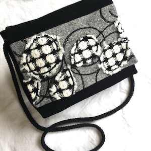 Shoulder bag, Flap bag, Shoulder bag, black wool crepe and worked wool, Couture bag