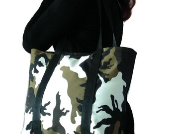 Sac Cabas, Tote bag, Cabas, Fourre tout, Camouflage, Satin de coton, Grand sac, Cadeau pour femme, Cadeau pour homme