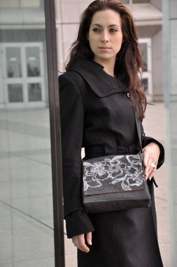 Embroidered Grey Denim Flap Bag Shoulder Strap or Shoulders 