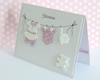 white pink birth congratulations card, baby gift. handmade.