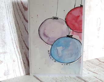 Tarjeta de Navidad de acuarela, tarjeta de felicitación con bolas de Navidad. Tarjeta hecha a mano.