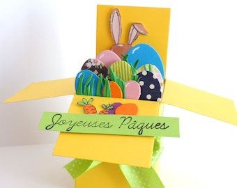 carte de Pâques, carte popup, jaune vert, cadeau de Pâques, décoration de Pâques, fait main