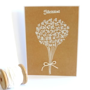 wedding card, congratulations, "bridal bouquet" white kraft.
