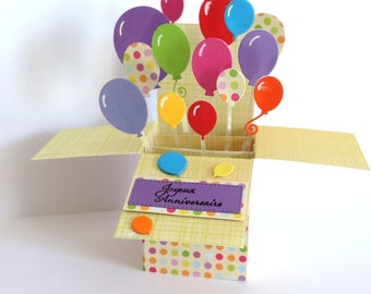 Carte anniversaire, carte popup, anniversaire enfant, carte ballons, popup ballons multicolores, fait main.