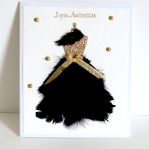 Verjaardagskaart voor vrouwen, veren- en paillettenjurkkaart, zwart en goud. Handgemaakt