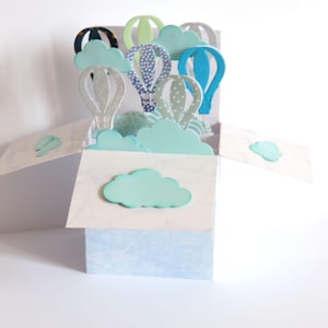Customizable birth card, blue hot air balloon popup. Handmade.