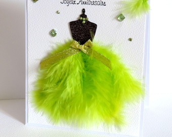 Carte de voeux anniversaire femme, plumes et paillettes. Fait main.