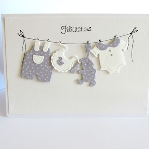 Baby boy card, congratulations, card with miniature paper clothes. Handmade