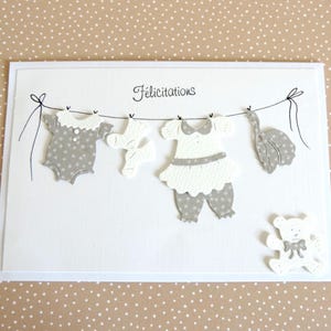 Carte félicitations naissance, blanc gris, fait main