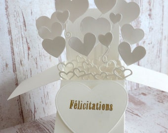 carte mariage pop up, félicitations mariage, voeux de bonheur, carte mariés dentelle et coeurs. Fait main