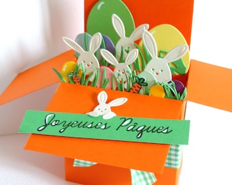 Carte de Pâques, popup Pâques, chasse aux oeufs multicolores. Fait main
