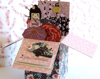 Carte anniversaire, popup thème Asie : Japon, Geisha, Kokeshi. Fait main