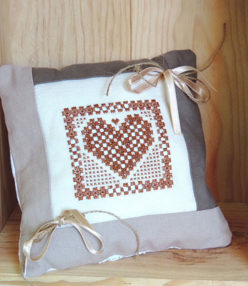 country wedding Cushion of alliances embroidered heart handmade